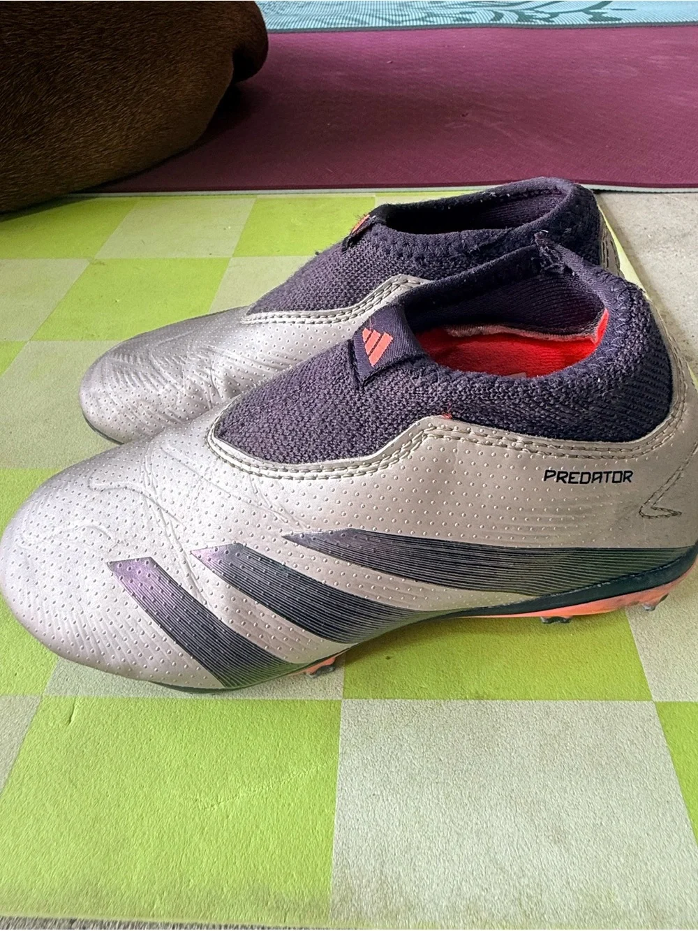 adidas Kids Predator Soccer Shoes in Silver, Navy, and Coral